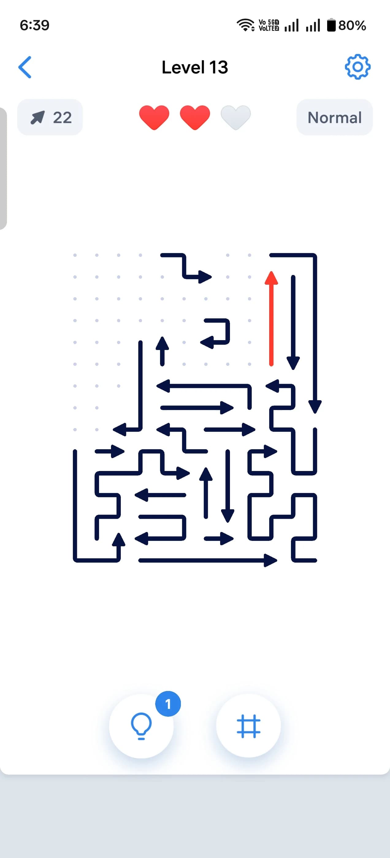 Real Arrow Puzzle level 13 screen with snake arrows and one highlighted move