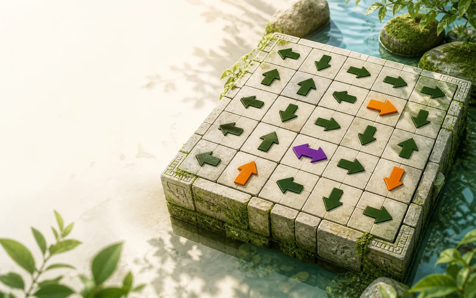 Isometric Arrow Puzzle board set in a bright garden
